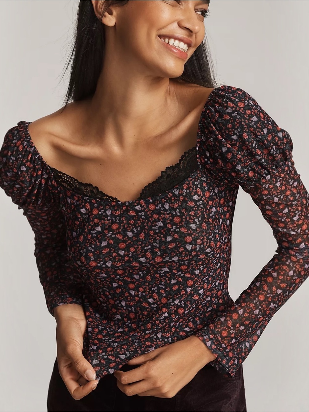 Anthropologie Maeve Mutton-Sleeve Scoop-Neck Ditsy Floral Top Size Medium